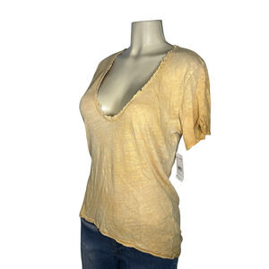 Free People We The Free Shirt Womens Medium Mustard Plunge V Neck Sheer Boho